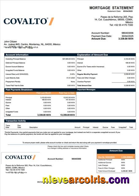 Mexico Banco Covalto mortgage statement Word and PDF template